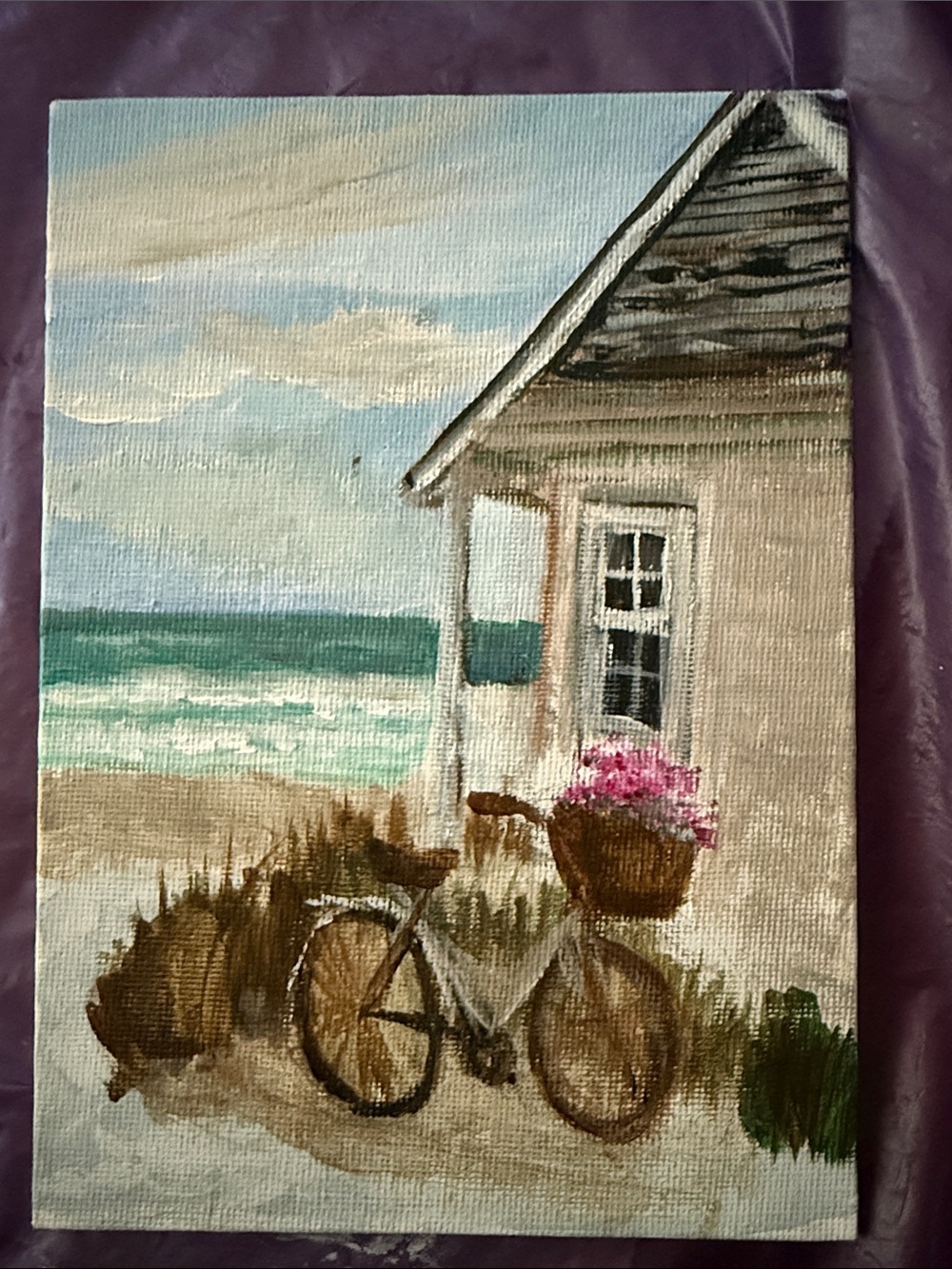 Coastal Cottage Bicycle Canvas Wall Art - Blue & Brown